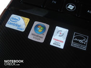 Four stickers decorate the notebook A Core 2 Duo P7350 with 2.00 GHz is employed as CPU