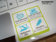 A sticker on the case displays various details. The battery life advertised here was surpassed in our tests