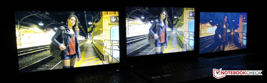 IPS panel (calibrated, matte) vs. good TN panel (not calibrated, matte) vs. bad TN panel (calibrated, glossy)