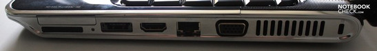 Right: 34mm ExpressCard slot, 5-in-1 cardreader, eSATA/USB 2.0 port, HDMI, LAN, VGA, louver