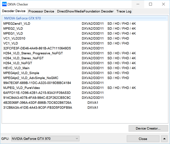 Hardware supported video decoding on a MSI GamingX 4GB GTX 970 in Windows 10.