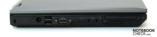 Left: Kensington Security Slot, 2x USB-2.0, VGA, FireWire, microphone, headset, ExpressCard/54, 3-in-1 card reader