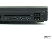 USB and USB/eSATA as well as a display port at the back of the left-side edge.