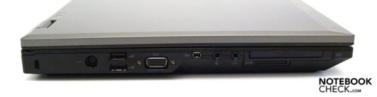 Left: Kensington Security Slot, 2x USB-2.0, VGA, FireWire, microphon, headset, ExpressCard/54, 3-in-1 card reader
