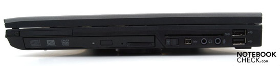 Right: PC-Card-Slot, Ultra-Bay-Slot mit DVD-LW, SmartCard reader, WiFi main switch, IEEE 1394 (FireWire), headset, microphone, 2xUSB-2.0