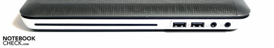 Left: slot-in drive, 2 USB 2.0, audio combo, headphone