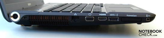 Left: power outlet, Kensington security lock, RJ-45 (LAN), VGA, HDMI, eSATA/USB-2.0, ExpressCard/34, FireWire