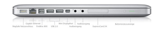 All interfaces (except of the Kensington Lock) are on the left side: MagSafe (power), Gigabit LAN, FireWire 800, 2x USB 2.0, Mini DisplayPort, Line-In (analogue / optical), Headphones and Line-Out (analogue / optical)