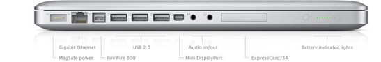 All connections on the left-hand side: power, 1000MBit LAN, FireWire 800, 3x USB 2.0, Mini DisplayPort, optical-analogue audio input and output, ExpressCard 34mm