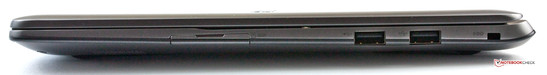 Right side: card reader, 2x USB 2.0, Kensington Lock. Right side: card reader, 2x USB 2.0, Kensington Lock.