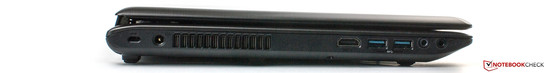 Left: Lock, power, HDMI, 2 x USB 3.0, microphone, headphones