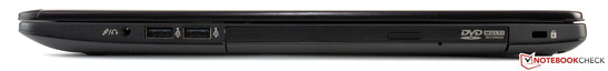 Right side: Combined stereo jack, 2 x USB 2.0, DVD, Kensington Lock.