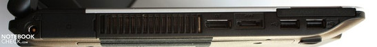 Left: 54mm ExpressCard slot, 2 USB 2.0, eSATA port, display port, louver, VGA port, DC-in