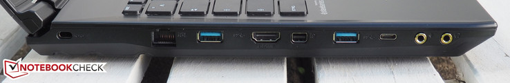 Left side: Kensington Lock, RJ45-LAN, USB 3.0, HDMI, DisplayPort, USB 3.0, USB 3.0 Type-C, microphone, headphones