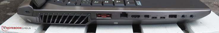 Left side: Kensington lock, power, RJ45-LAN, HDMI 2.0, Mini-DisplayPort 1.4, Thunderbolt 3.0, USB 3.1 Type-C, USB 3.0, microphone, headphones