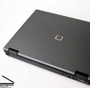 This notebook has the typical HP business look with blue-grey surfaces and a black base unit.