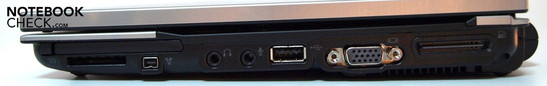 Right: ExpressCard/54, SD card reader, Firewire, audio ports, USB 2.0, VGA, docking port