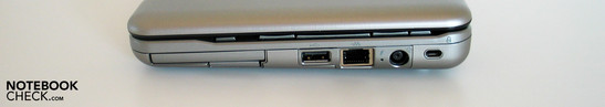 Right side: SD card reader, Expresscard, USB, LAN, power supply, Kensington Lock
