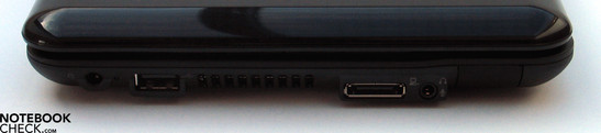 Left side: Network connection, US 2.0, expansion port, audio, LAN (behind the rubber stopper)