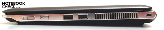 Right: power button, WLAN switch, 2x USB-2.0, fan, Kensington Security Slot