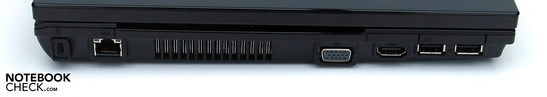 Left: Kensington Lock, LAN, VGA, HDMI, 2xUSB, 34mm Express Card