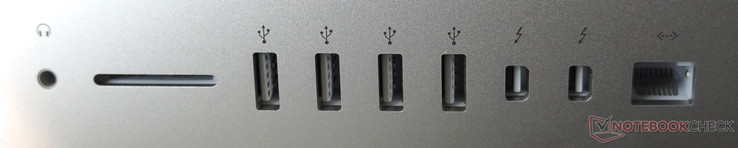 Rear: Headset, SD-card, 4x USB 3.0, 2x Thunderbolt 2 (with DisplayPort), Gigabit LAN