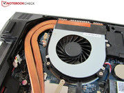 The fan is attached to a cooling solution with two heat pipes.