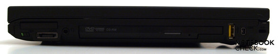 Right: WLAN switch, ExpressCard/34, audio-combo, Ultrabay slot, USB, FireWire, Kensington Security slot