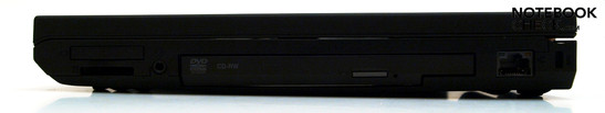 Right: 5-in-1 cardreader, ExpressCard/34, audio combo, Ultrabay slot, RJ 45 (LAN), Kensington Security slot