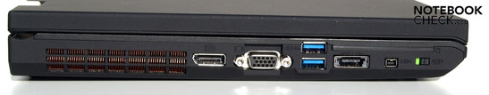 Left: Fan, display port, VGA, 2x USB 3.0, USB/eSATA combo, Firewire, WiFi main switch