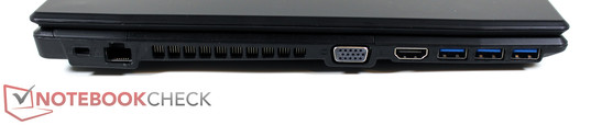 Left side: Kensington lock slot, LAN, VGA, HDMI, 3x USB 3.0