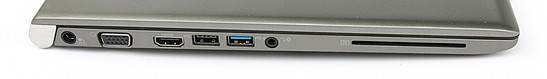 Left: DC-in, VGA adaper, HDMI, USB 2.0, USB 3.0, combo audio jack, SmartCard