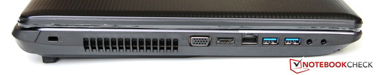Left side: Kensington Lock, cooling system exhaust, VGA, HDMI, GBit LAN, 2x USB 3.0, microphone / headphone