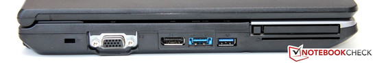 Left: Kensington lock, VGA, DisplayPort, USB 3.0/eSATA, USB 3.0, ExpressCard