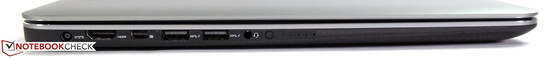 Left: Power connector, HDMI, Mini DisplayPort, 2 x USB 3.0, Line In/Out, battery charge indicator