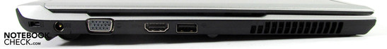Left: Kensington Lock, power, VGA, HDMI, USB 2.0