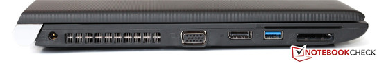 Linke Seite: Netzteilanschluss, Luftauslass, VGA, DisplayPort, USB 3.0, Kartenleser, SmartCard-Reader