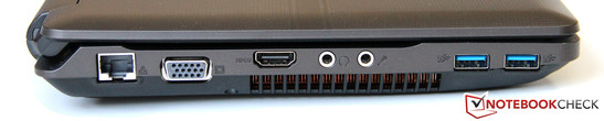 Left: LAN, VGA, HDMI, headphone/microphone, 2x USB 3.0