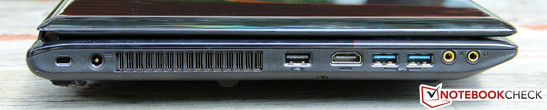 Left: Kensington lock, power socket, USB 2.0, 2x USB 3.0, microphone/headphones
