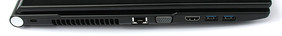 Left side: Kensington Lock, fan exhaust, LAN, VGA, HDMI, 2x USB 3.0