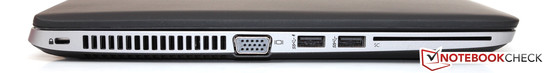 Left side: Kensington Lock, fan exhaust, VGA, 2x USB 3.0, SmartCard reader