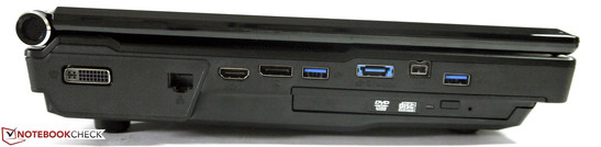 Left: DVI-I, LAN, HDMI, DisplayPort, USB 3.0, eSATA/USB 3.0, FireWire 800, USB 3.0, optical drive