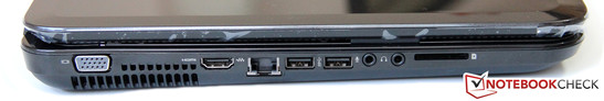 Left side: VGA, exhaust fan, HDMI, Ethernet port, 2x USB 3.0, microphone and headphone jacks, card reader