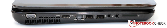 Left side: VGA, HDMI, 2x USB 3.0, microphone, headphones, card reader