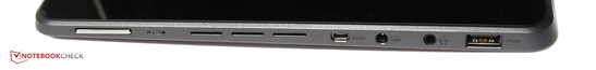 Left: USB 3.0 port, audio combination, power, micro-HDMI port, ventilation grille, volume rocker
