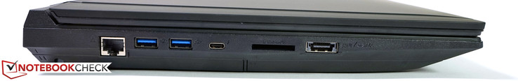 Left: Gigabit-LAN, 2x USB 3.0, 1x USB 3.1 Gen.2 Type C, PCIe card reader, 1x eSata/ USB 3.0 combi-port