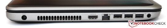 Left: Power socket, vent, HDMI, LAN, 2x USB 3.0, USB 2.0, audio jack