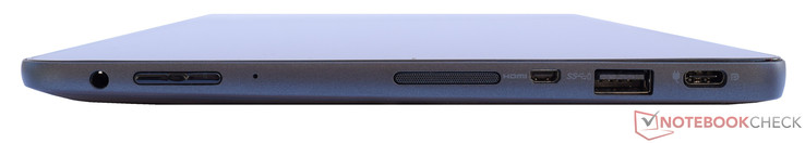 Left: headset jack, volume control, speaker, micro-HDMI, full-sized USB 3.0, USB 3.0 Type C + charging port