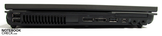 Left: 2 USBs, display port, eSATA, USB, FW, audio