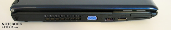 Left side: Kensington Lock, VGA-Out, eSATA/USB, HDMI, ExpressCard 34mm, Cardreader
